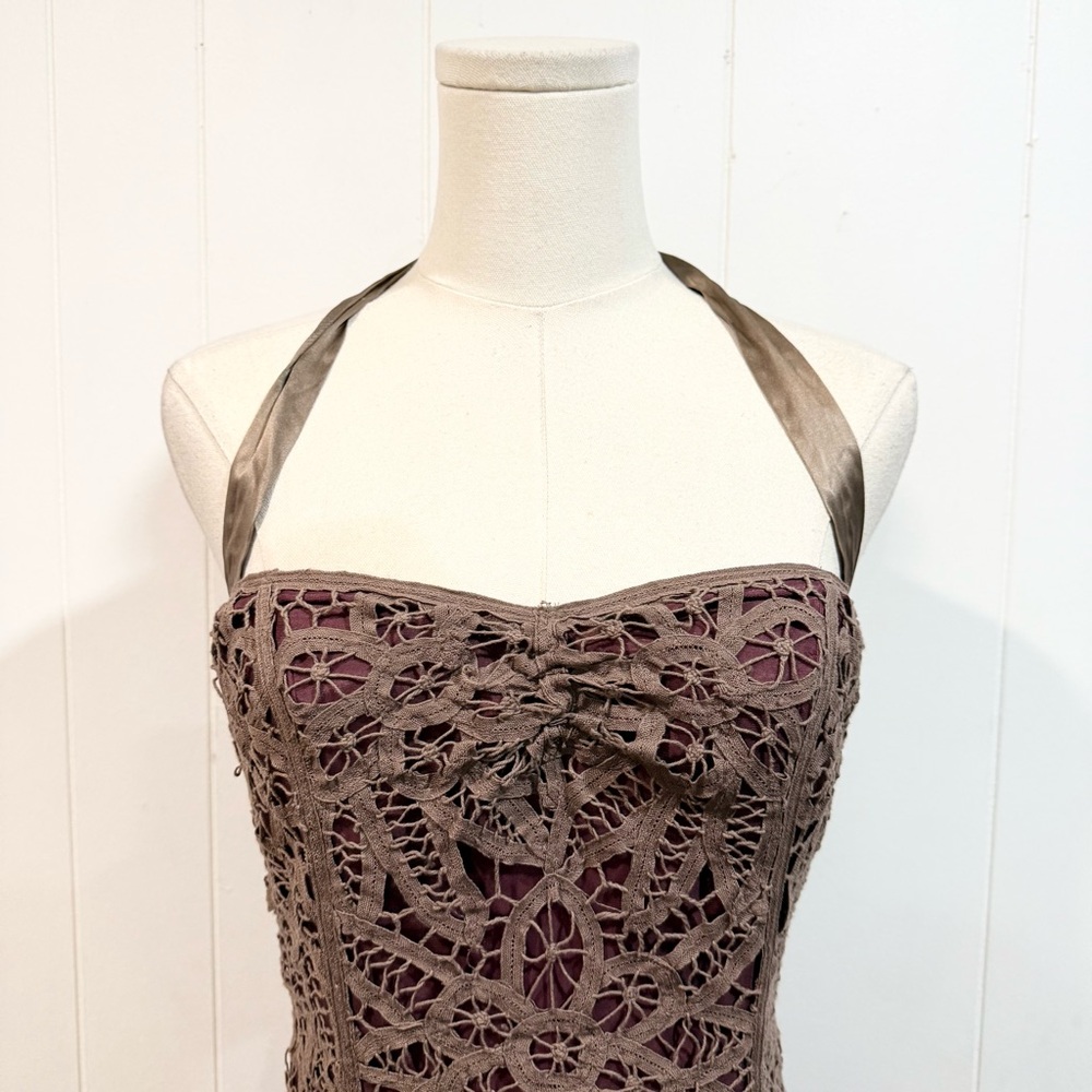 Vintage Betsey Johnson Y2K Crochet & Silk Strapless Halter Dress Size 6 - Picture 2 of 9